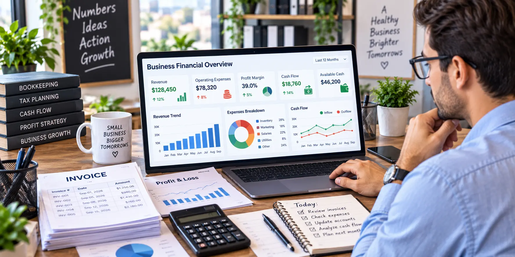 Small business financial metrics displayed on a financial performance dashboard